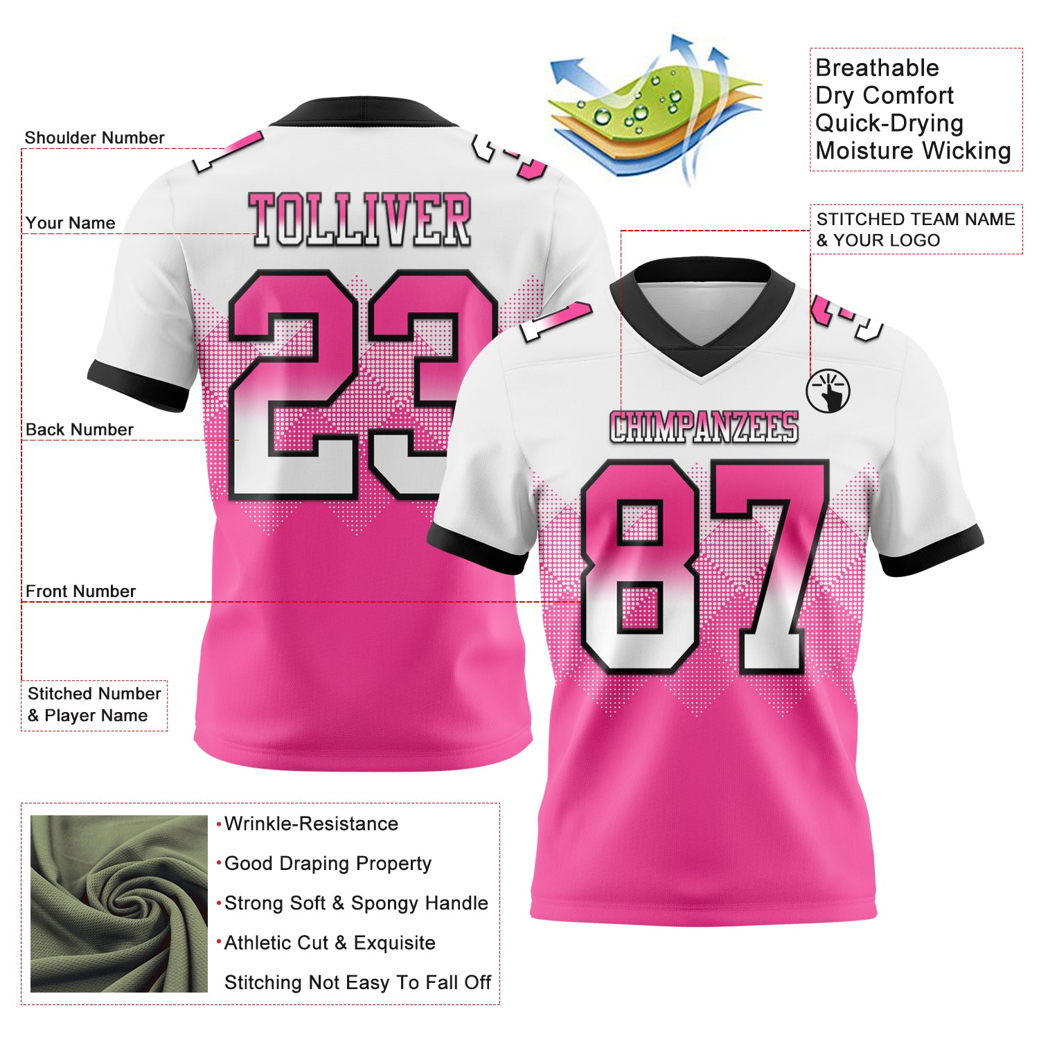 Custom White Pink-Black Authentic Gradient Square Shape Flag Football Jersey