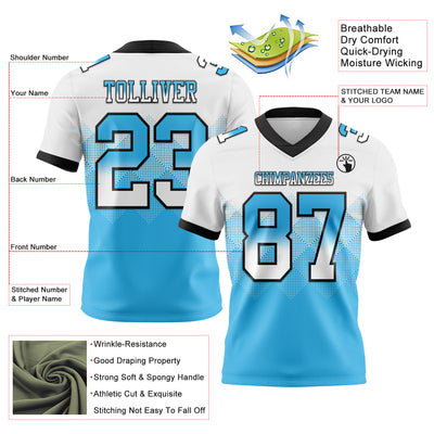 Custom White Sky Blue-Black Authentic Gradient Square Shape Flag Football Jersey