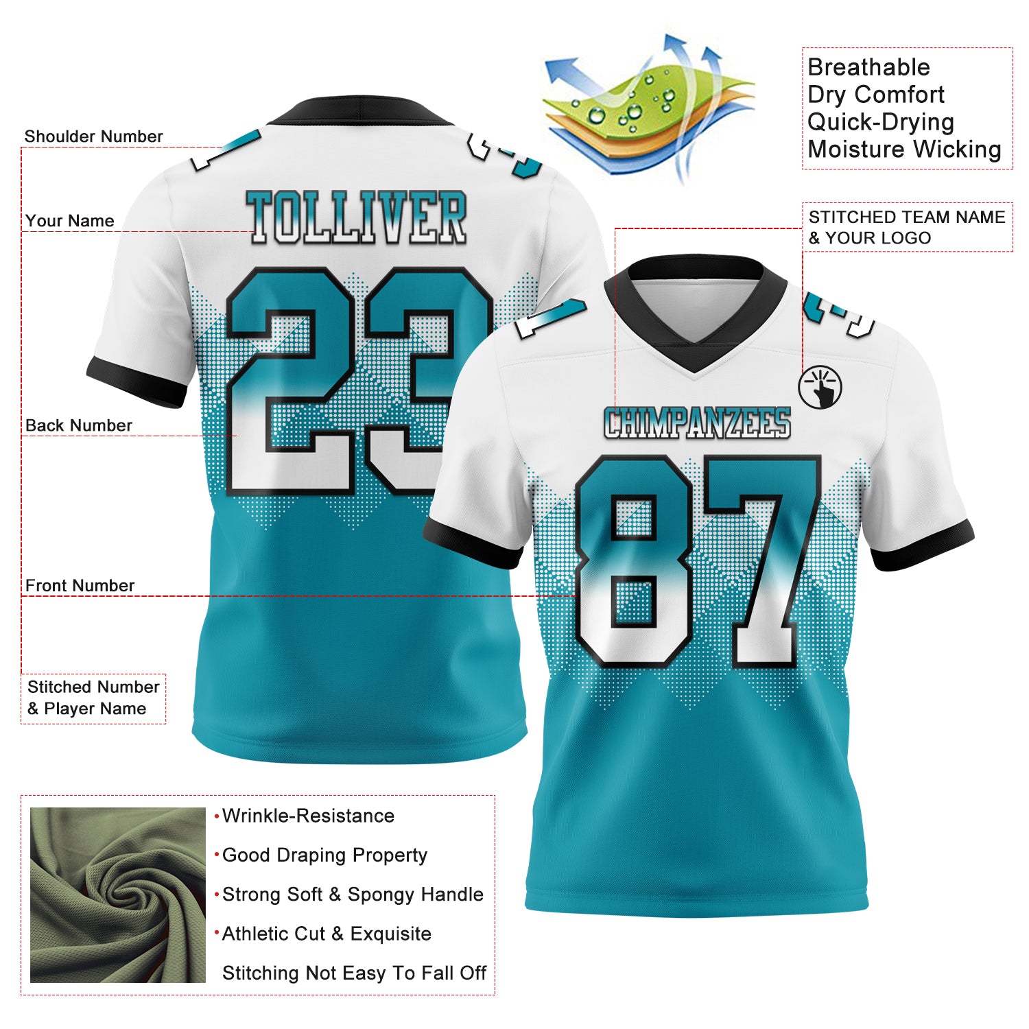 Custom White Teal-Black Authentic Gradient Square Shape Flag Football Jersey