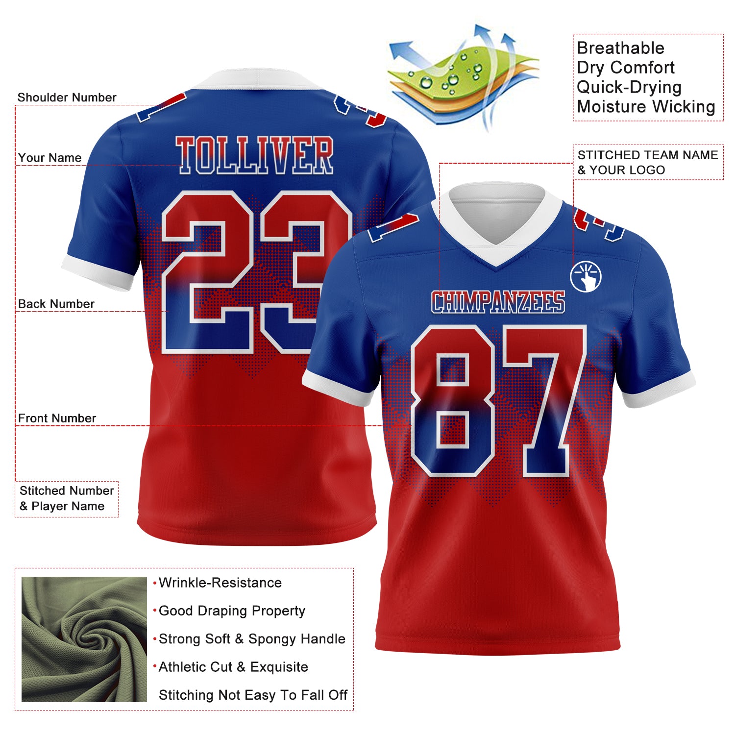Custom Royal Red-White Authentic Gradient Square Shape Flag Football Jersey