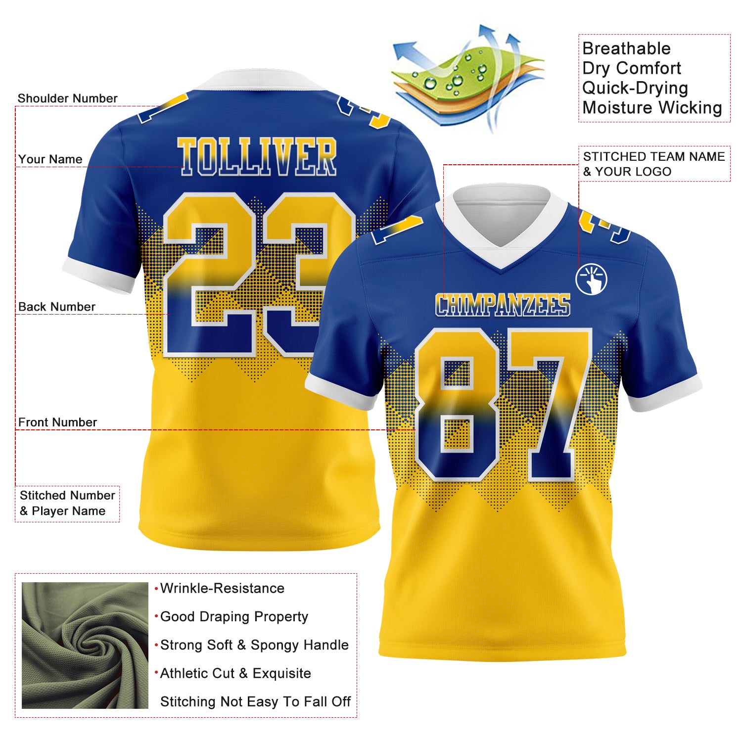 Custom Royal Yellow-White Authentic Gradient Square Shape Flag Football Jersey