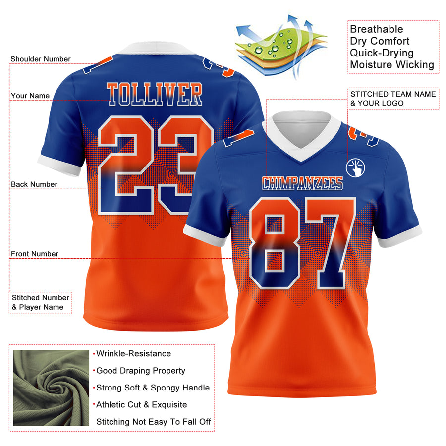 Custom Royal Orange-White Authentic Gradient Square Shape Flag Football Jersey