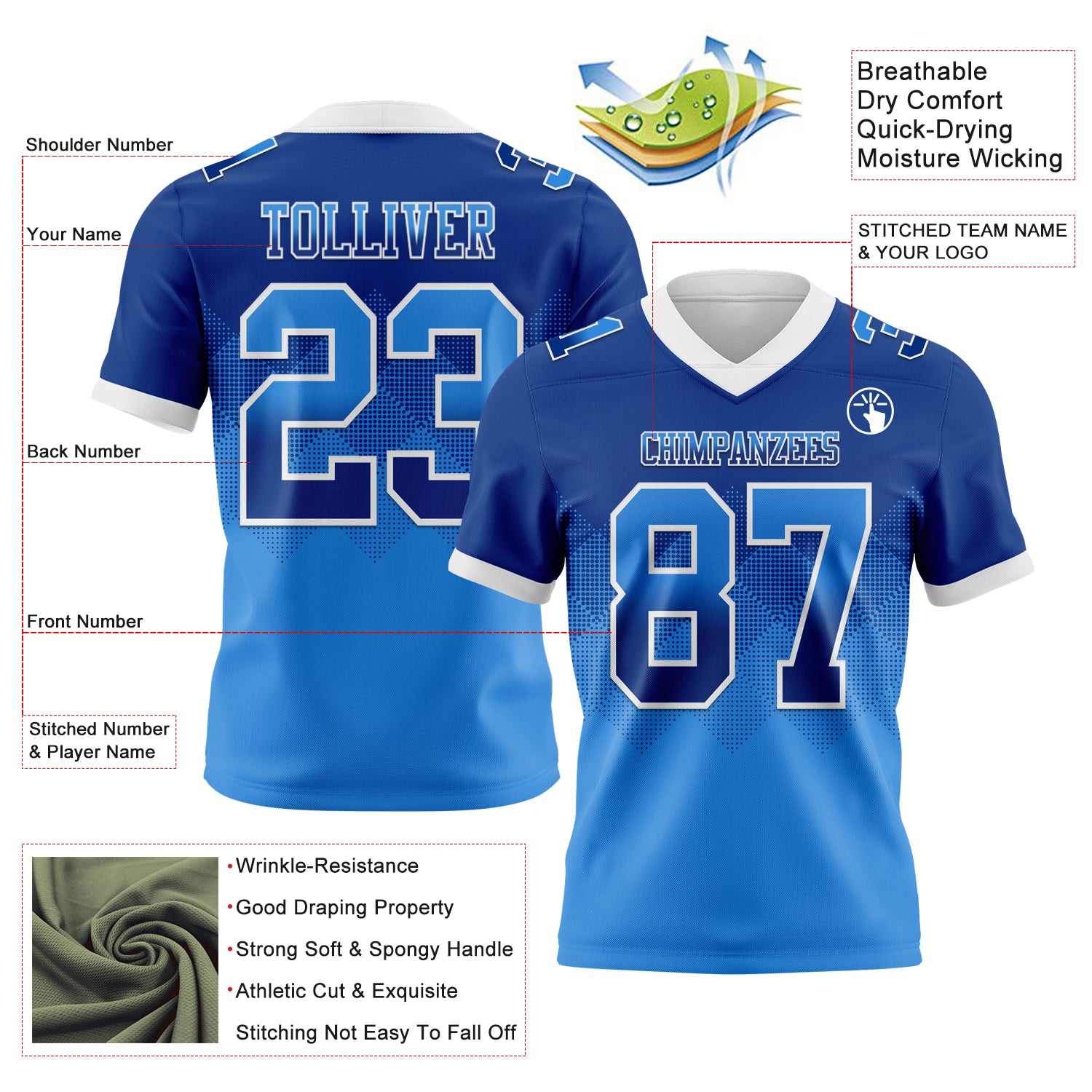 Custom Royal Powder Blue-White Authentic Gradient Square Shape Flag Football Jersey