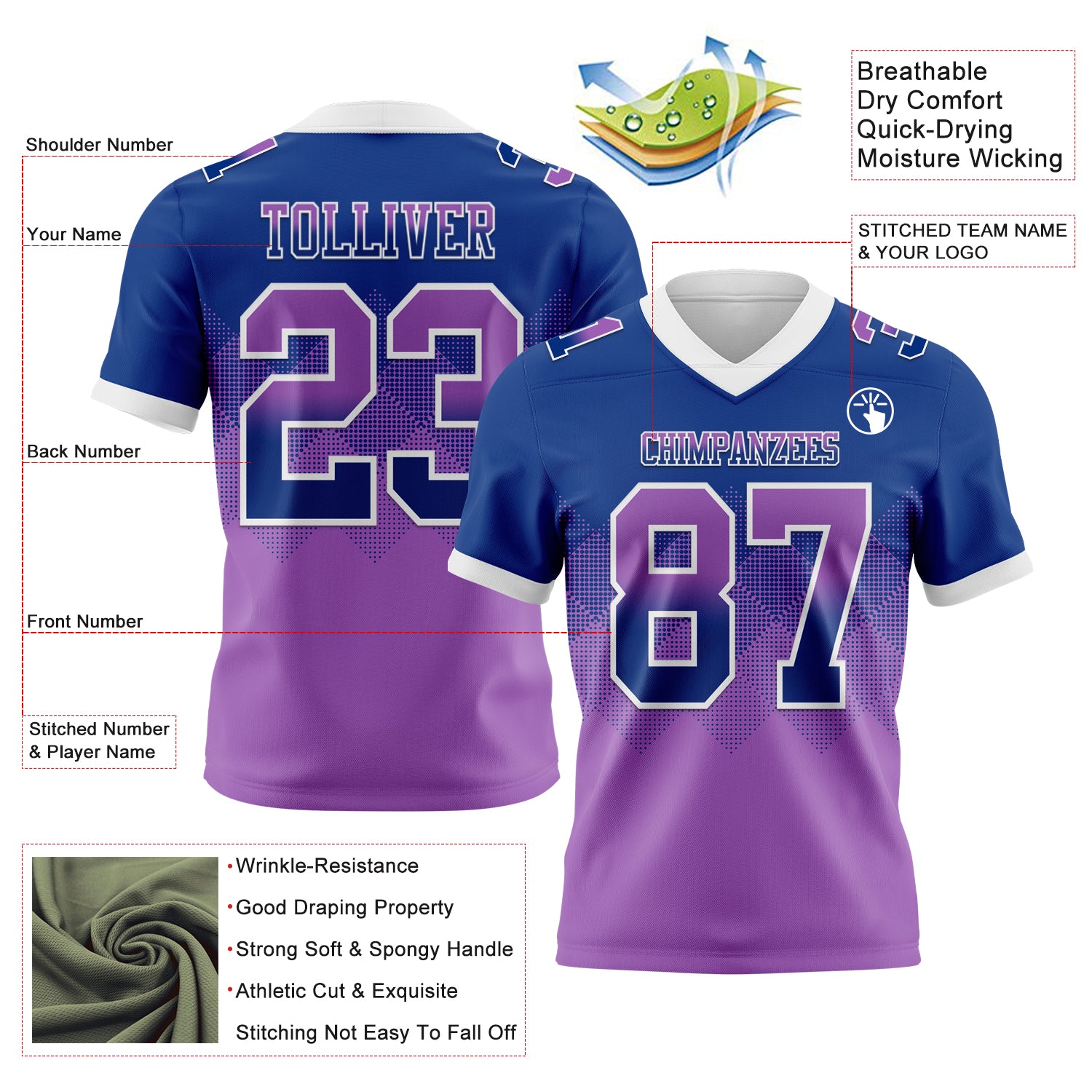 Custom Royal Medium Purple-White Authentic Gradient Square Shape Flag Football Jersey