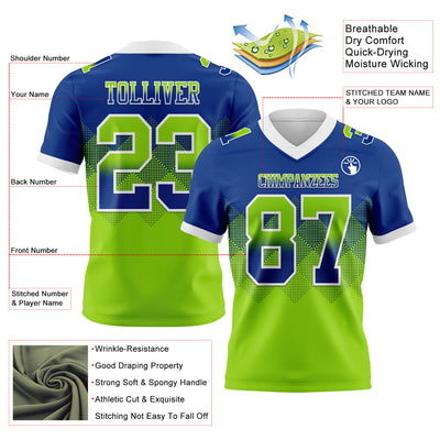 Custom Royal Neon Green-White Authentic Gradient Square Shape Flag Football Jersey