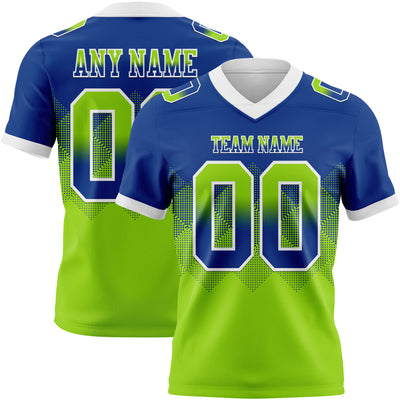 Custom Royal Neon Green-White Authentic Gradient Square Shape Flag Football Jersey
