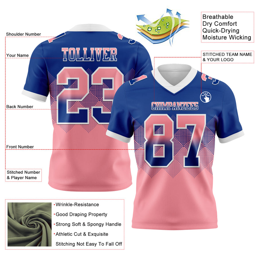 Custom Royal Medium Pink-White Authentic Gradient Square Shape Flag Football Jersey