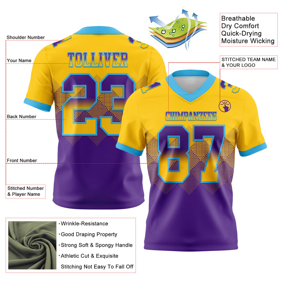 Custom Yellow Purple-Sky Blue Authentic Gradient Square Shape Flag Football Jersey