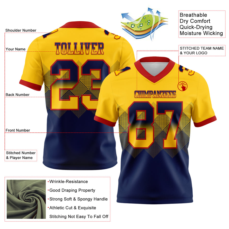 Custom Yellow Navy-Red Authentic Gradient Square Shape Flag Football Jersey