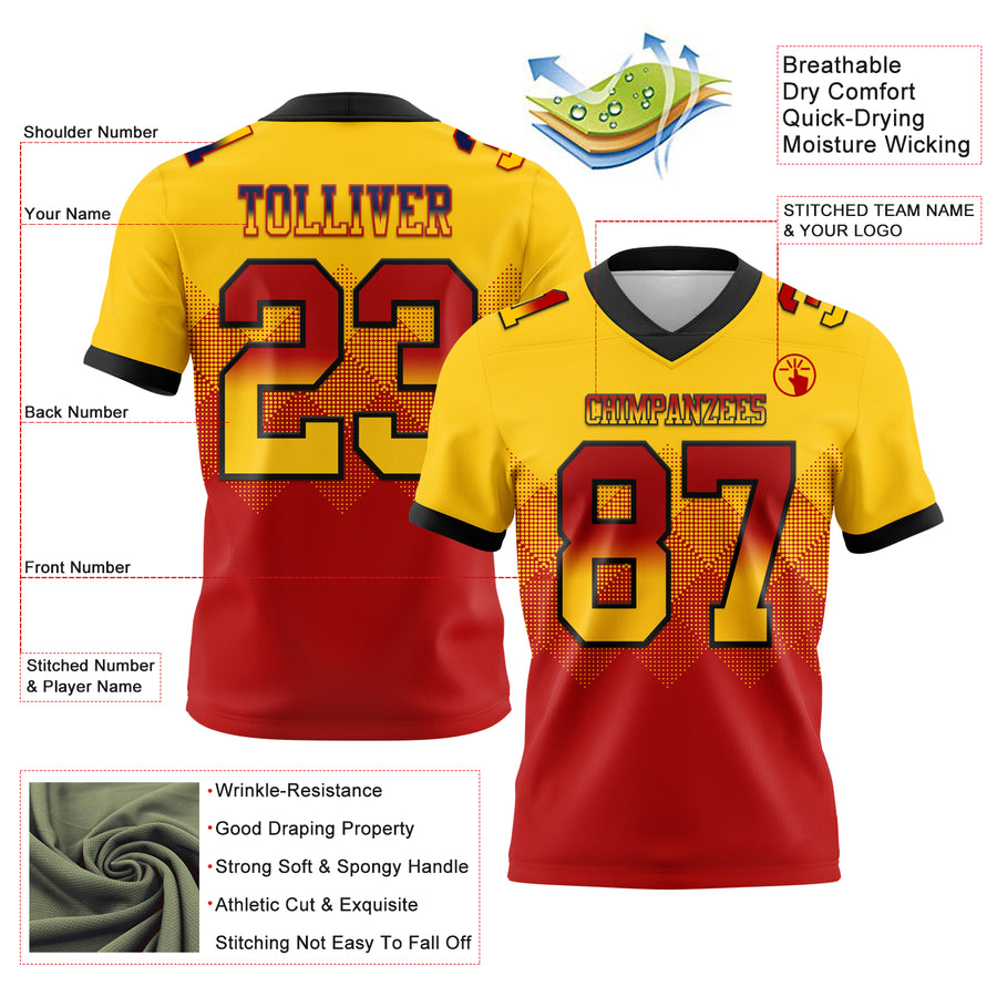 Custom Yellow Red-Black Authentic Gradient Square Shape Flag Football Jersey