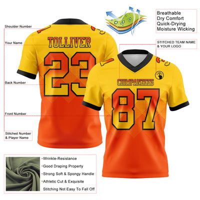 Custom Yellow Orange-Black Authentic Gradient Square Shape Flag Football Jersey