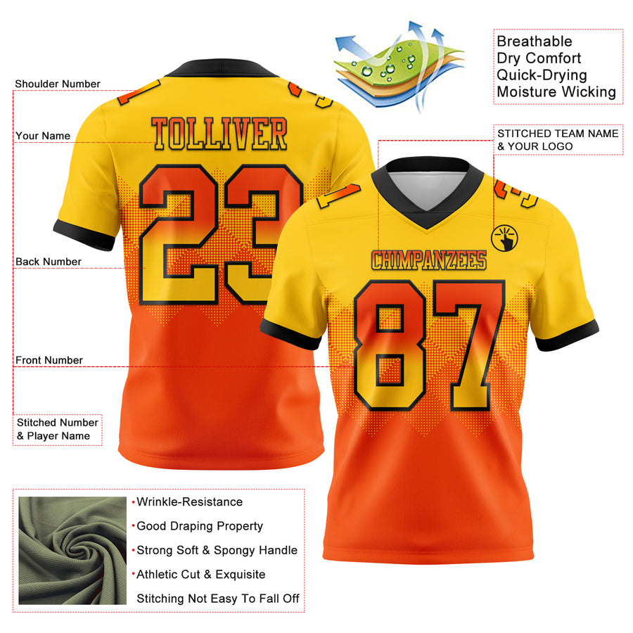 Custom Yellow Orange-Black Authentic Gradient Square Shape Flag Football Jersey