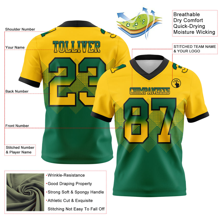 Custom Yellow Kelly Green-Black Authentic Gradient Square Shape Flag Football Jersey
