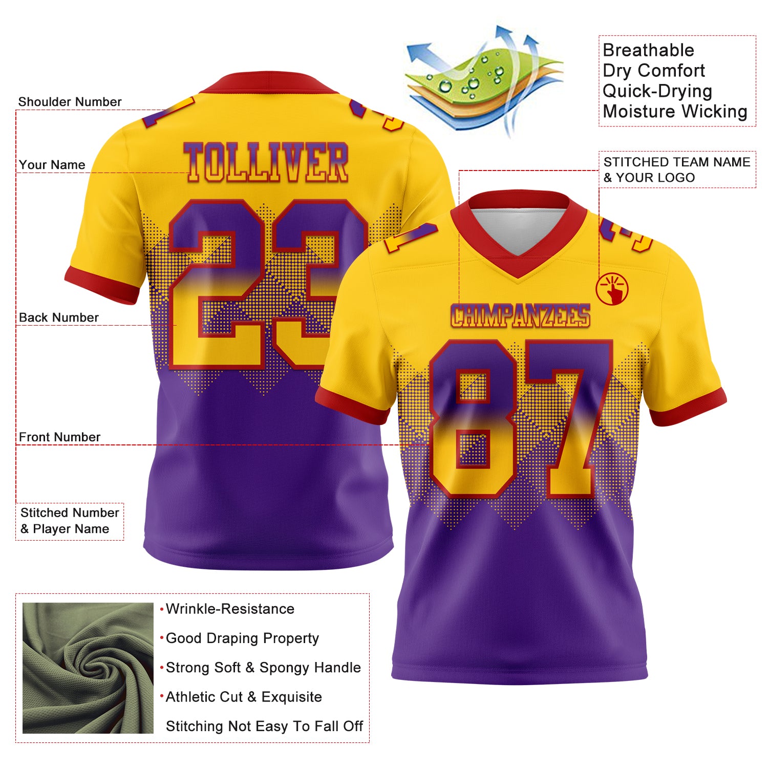 Custom Yellow Purple-Red Authentic Gradient Square Shape Flag Football Jersey
