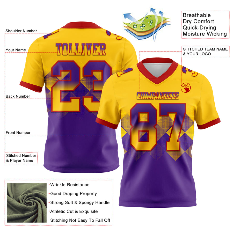 Custom Yellow Purple-Red Authentic Gradient Square Shape Flag Football Jersey