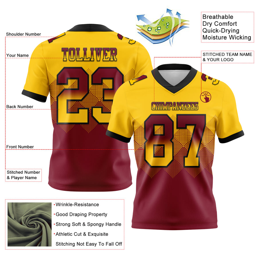 Custom Yellow Crimson-Black Authentic Gradient Square Shape Flag Football Jersey