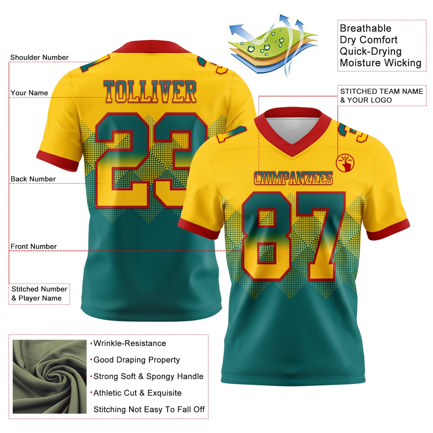 Custom Yellow Teal-Red Authentic Gradient Square Shape Flag Football Jersey