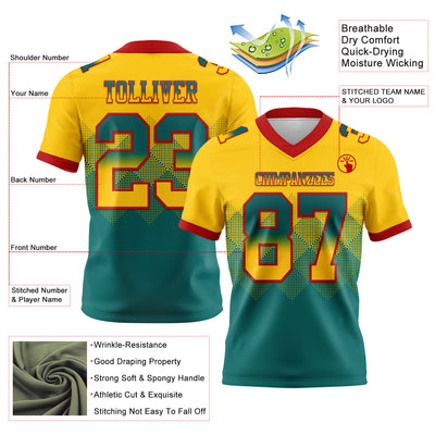 Custom Yellow Teal-Red Authentic Gradient Square Shape Flag Football Jersey