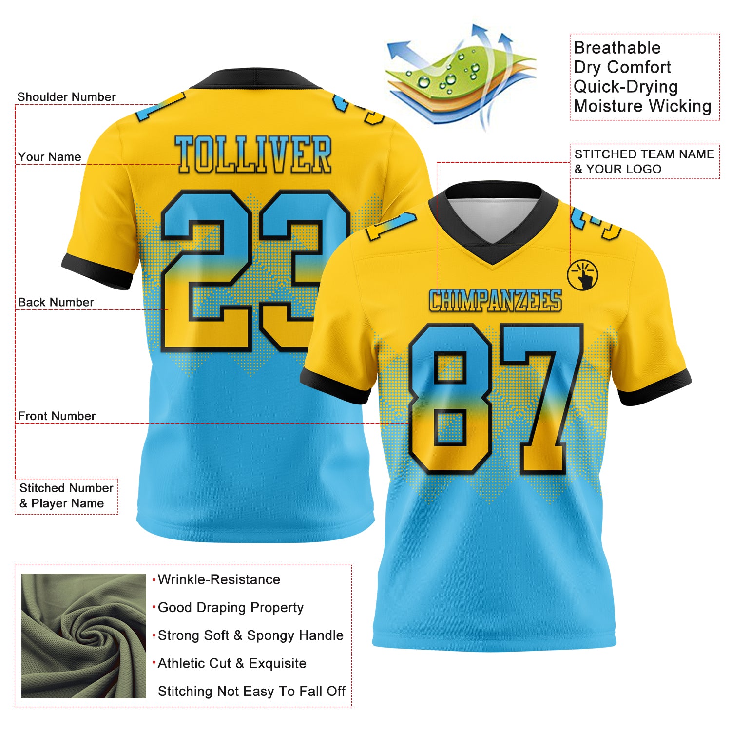 Custom Yellow Sky Blue-Black Authentic Gradient Square Shape Flag Football Jersey