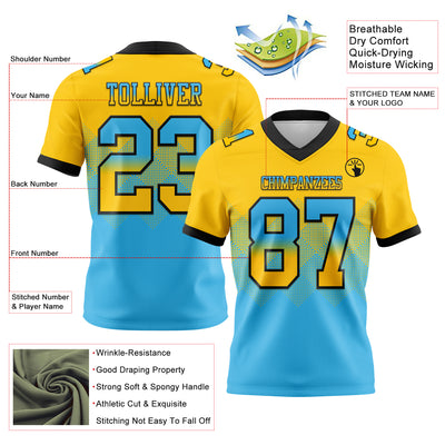 Custom Yellow Sky Blue-Black Authentic Gradient Square Shape Flag Football Jersey