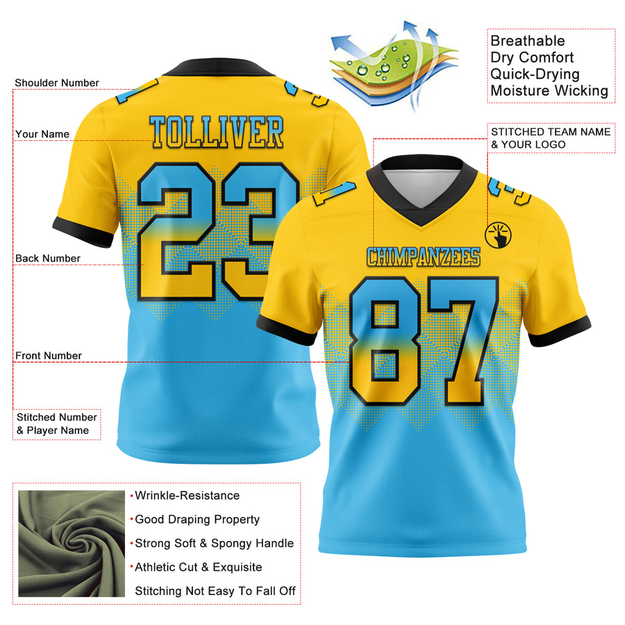 Custom Yellow Sky Blue-Black Authentic Gradient Square Shape Flag Football Jersey