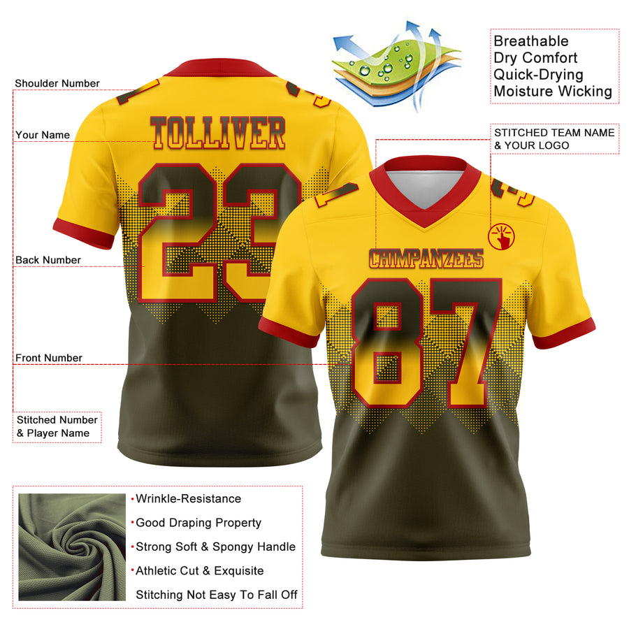 Custom Yellow Olive-Red Authentic Gradient Square Shape Flag Football Jersey