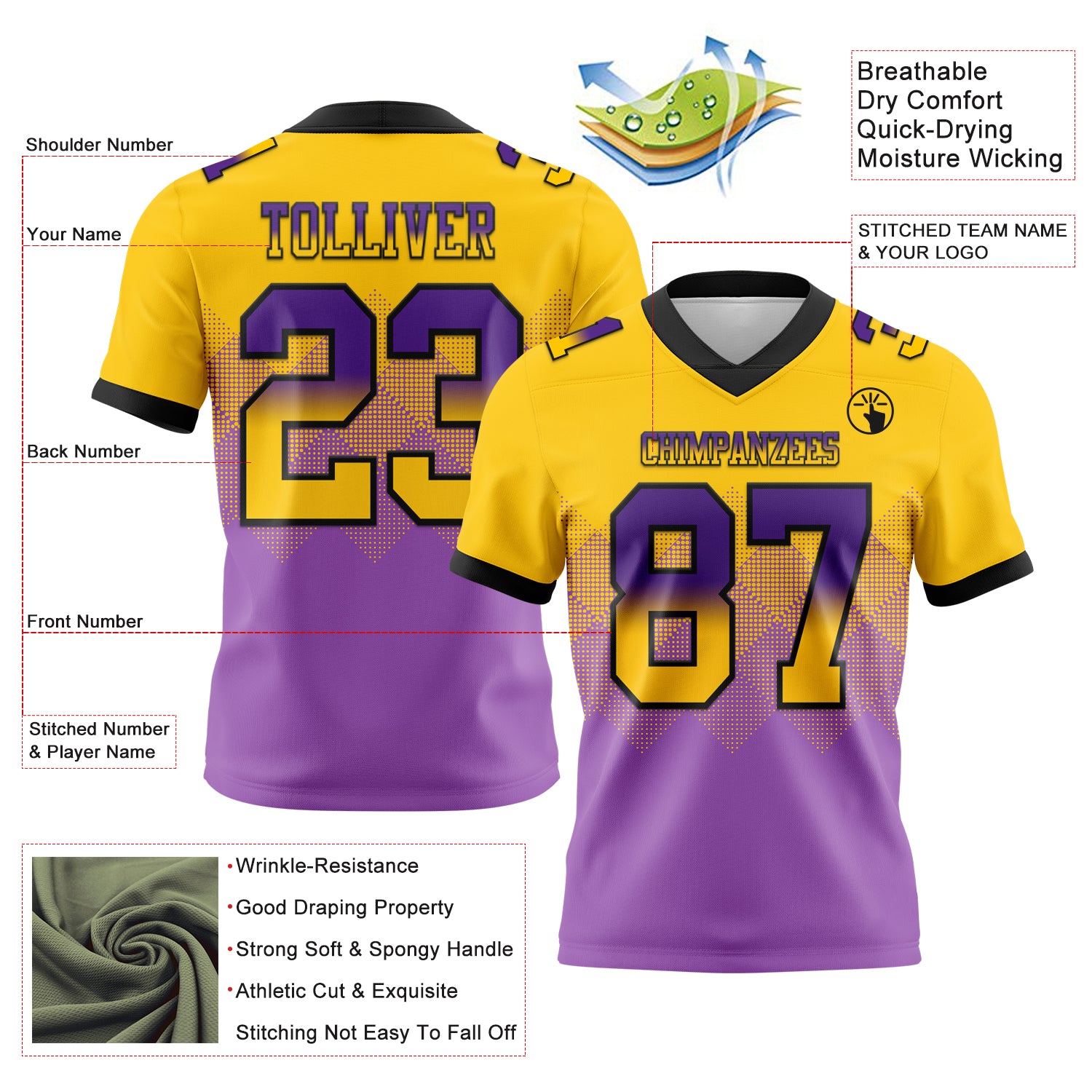 Custom Yellow Medium Purple-Black Authentic Gradient Square Shape Flag Football Jersey