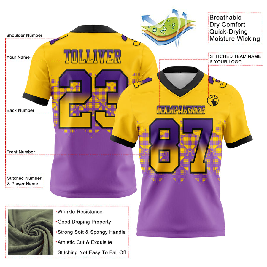 Custom Yellow Medium Purple-Black Authentic Gradient Square Shape Flag Football Jersey