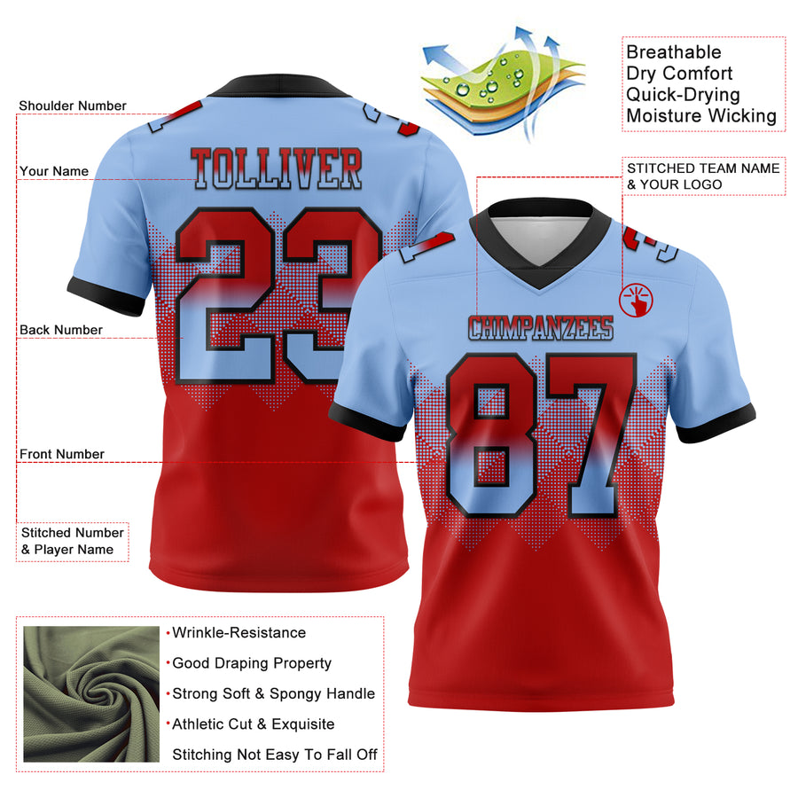 Custom Light Blue Red-Black Authentic Gradient Square Shape Flag Football Jersey