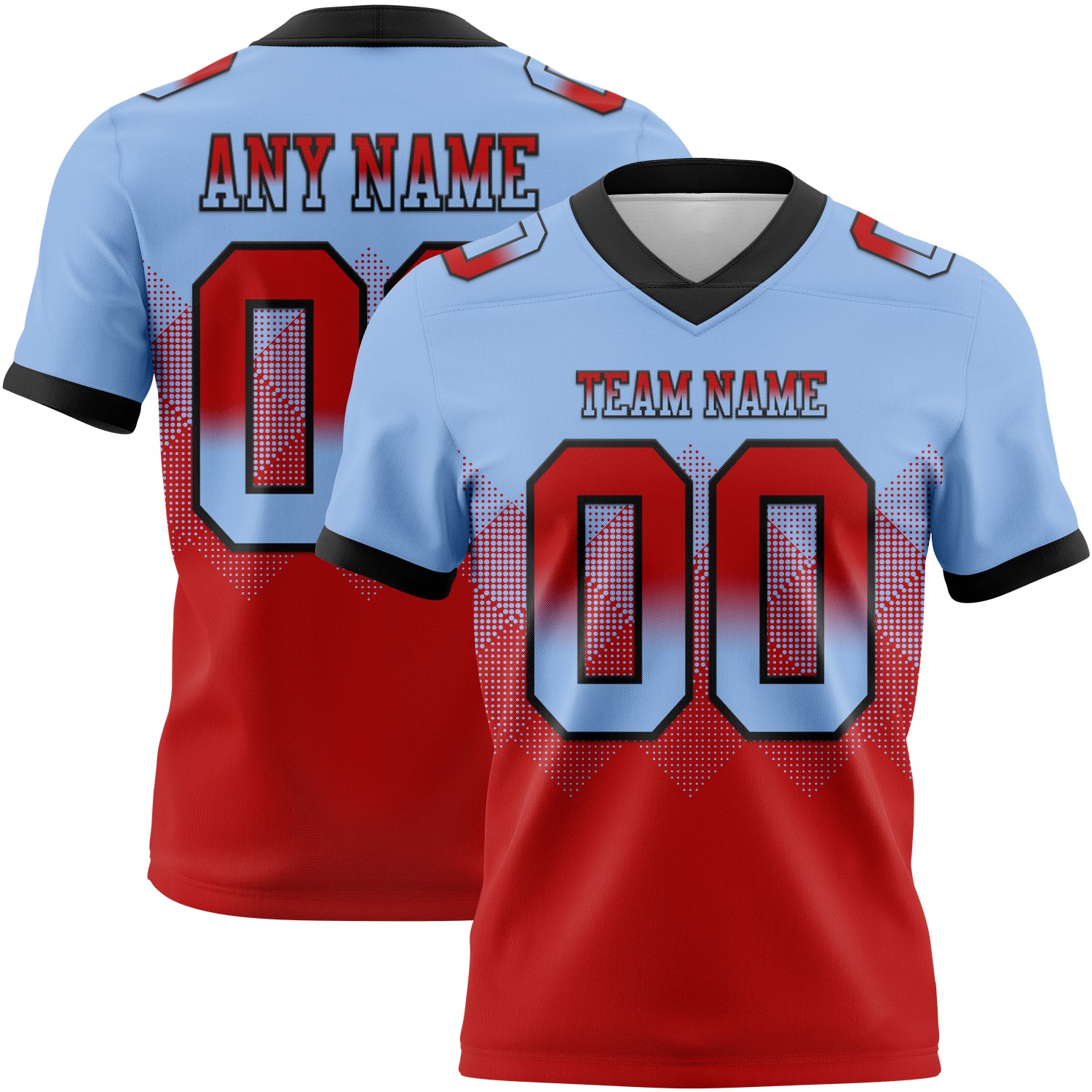 Custom Light Blue Red-Black Authentic Gradient Square Shape Flag Football Jersey