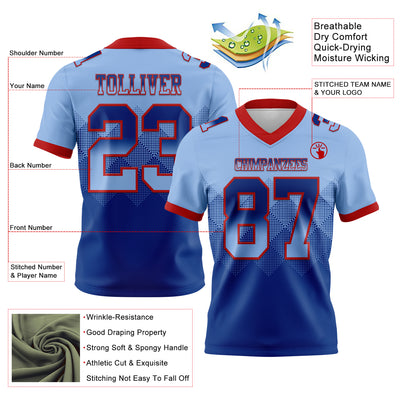 Custom Light Blue Royal-Red Authentic Gradient Square Shape Flag Football Jersey