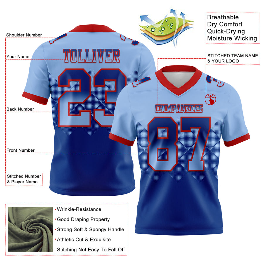 Custom Light Blue Royal-Red Authentic Gradient Square Shape Flag Football Jersey
