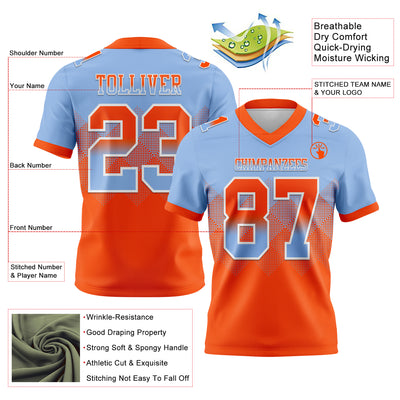 Custom Light Blue Orange-White Authentic Gradient Square Shape Flag Football Jersey