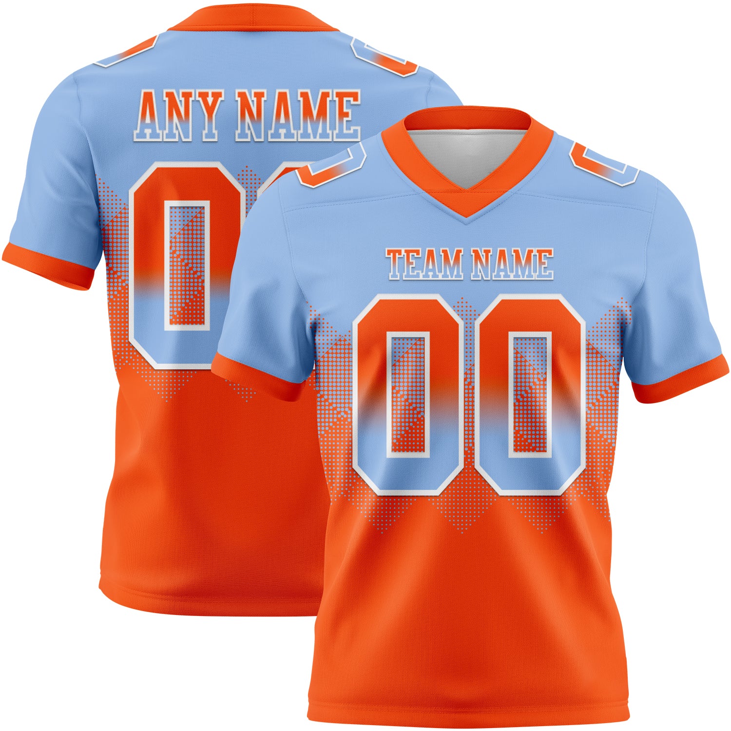 Custom Light Blue Orange-White Authentic Gradient Square Shape Flag Football Jersey