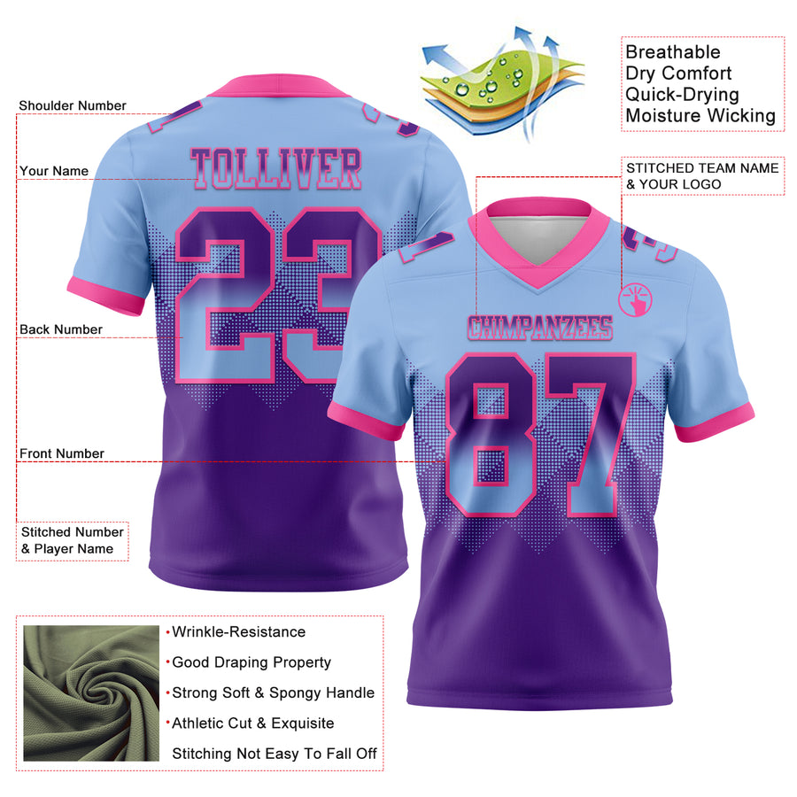 Custom Light Blue Purple-Pink Authentic Gradient Square Shape Flag Football Jersey