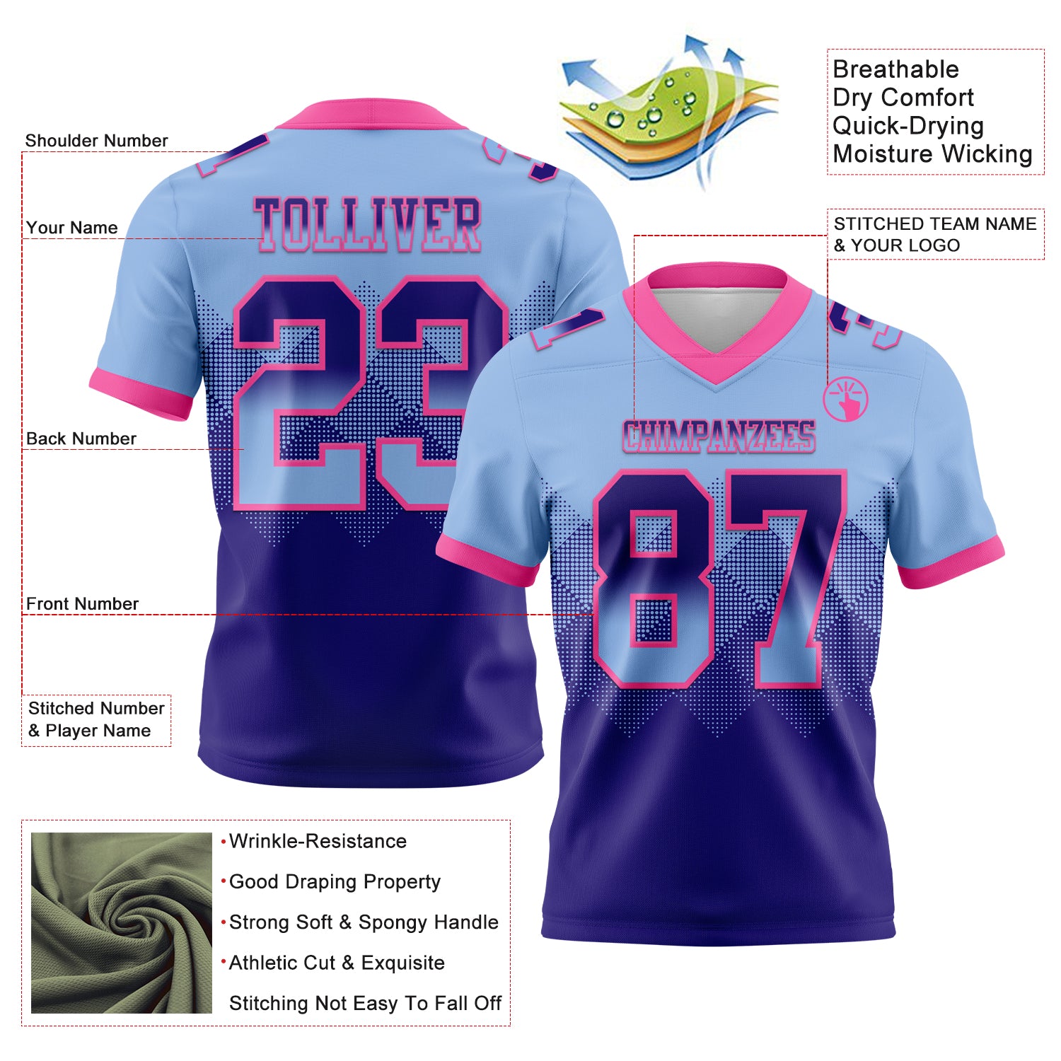 Custom Light Blue Dark Purple-Pink Authentic Gradient Square Shape Flag Football Jersey