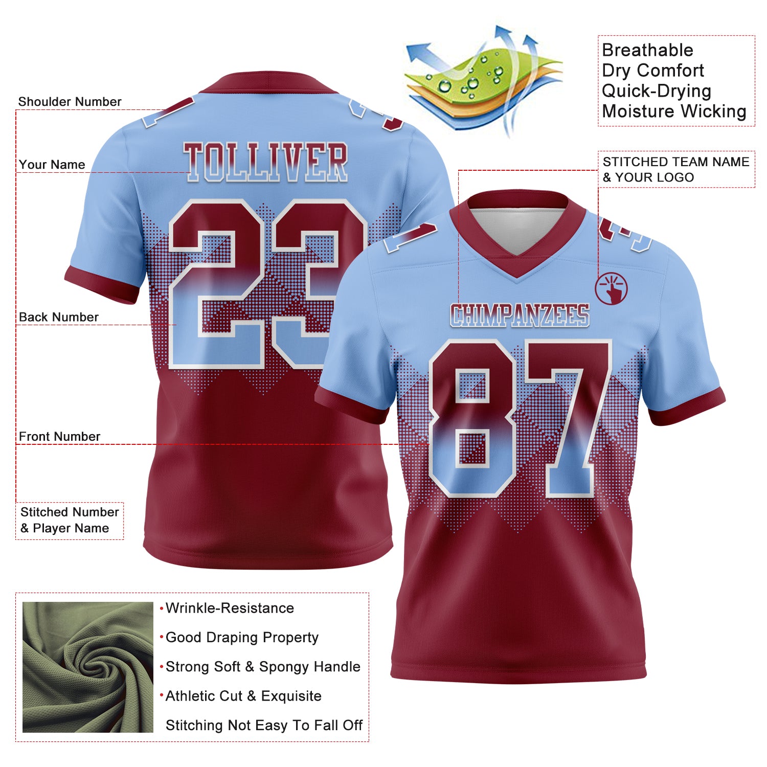 Custom Light Blue Crimson-White Authentic Gradient Square Shape Flag Football Jersey