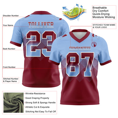 Custom Light Blue Crimson-White Authentic Gradient Square Shape Flag Football Jersey