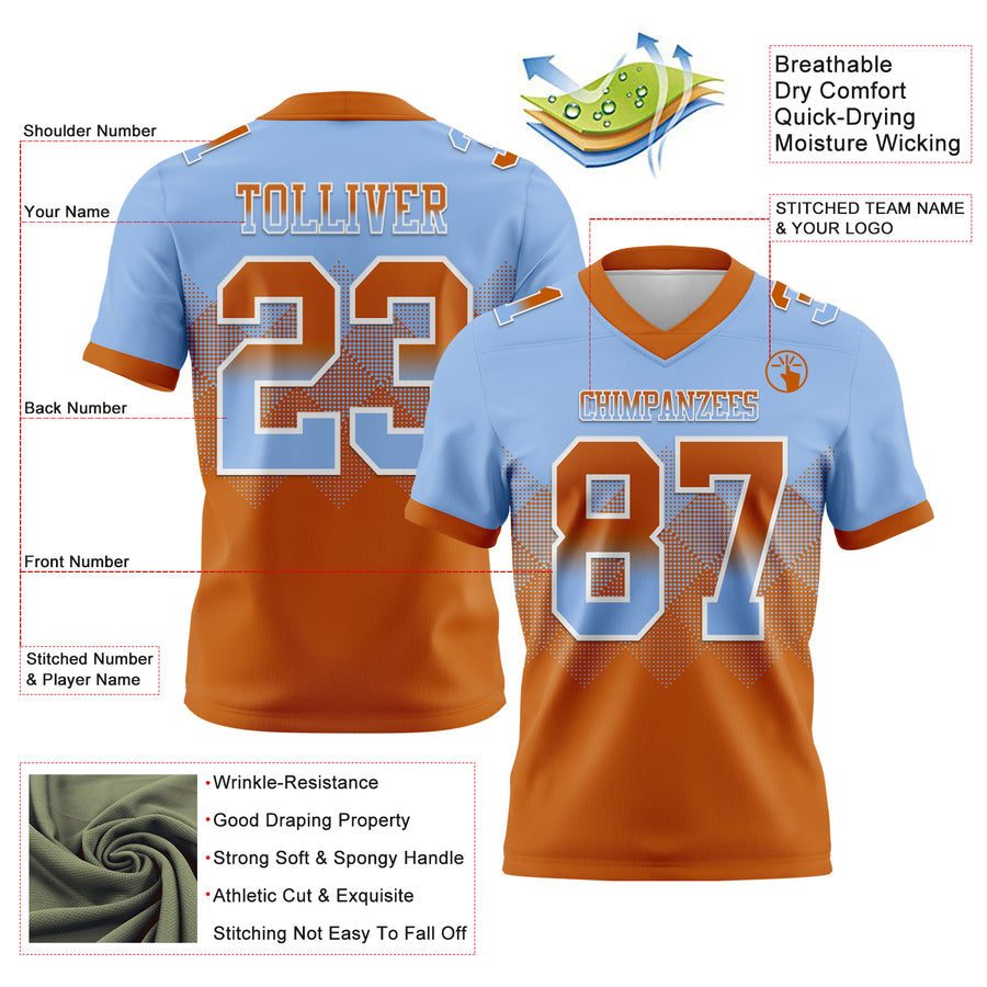 Custom Light Blue Texas Orange-White Authentic Gradient Square Shape Flag Football Jersey
