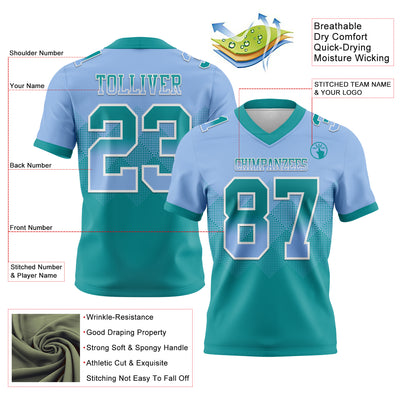 Custom Light Blue Teal-White Authentic Gradient Square Shape Flag Football Jersey