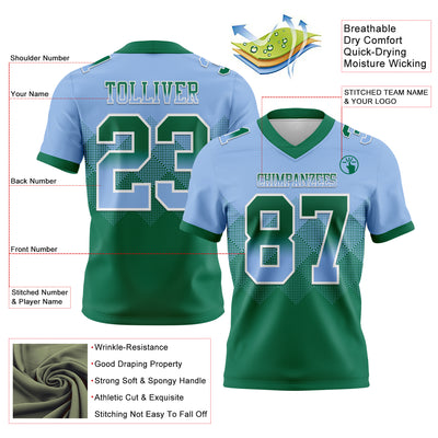 Custom Light Blue Kelly Green-White Authentic Gradient Square Shape Flag Football Jersey