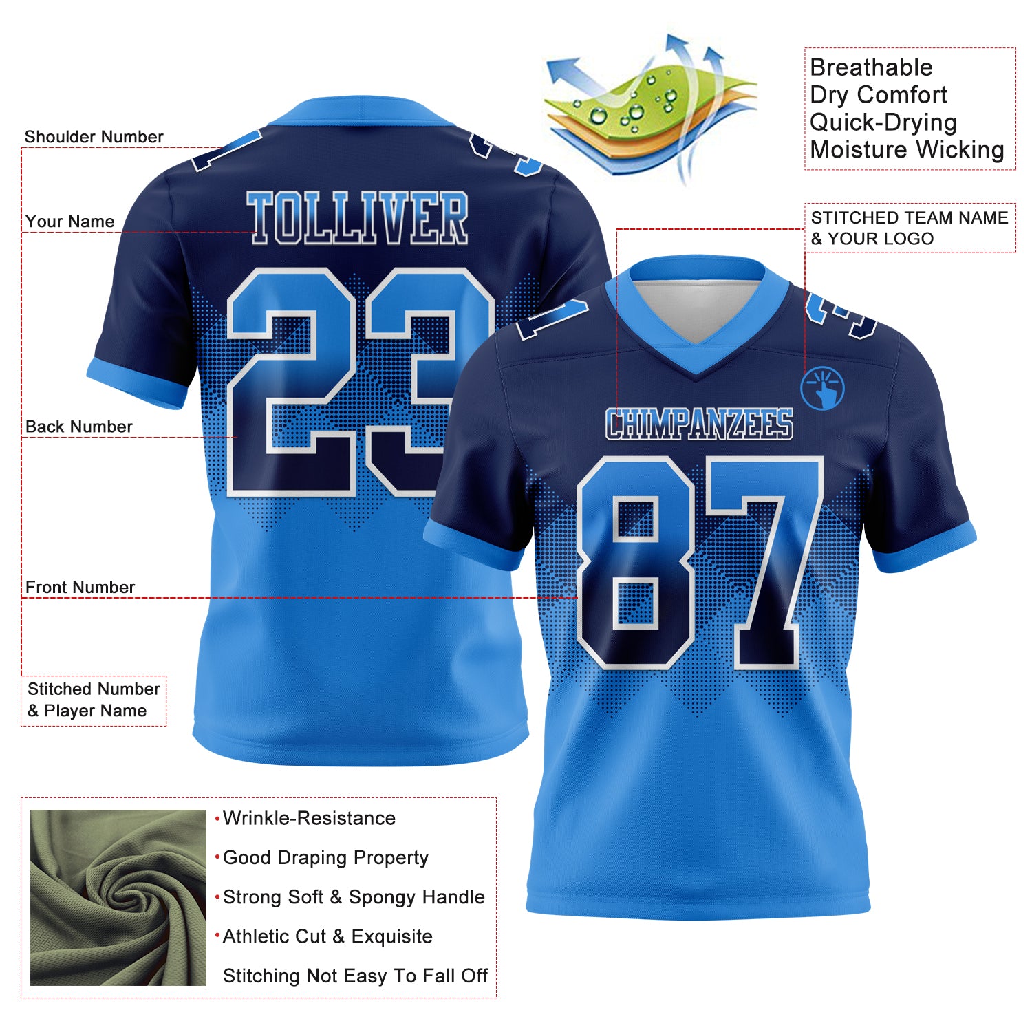 Custom Navy Powder Blue-White Authentic Gradient Square Shape Flag Football Jersey