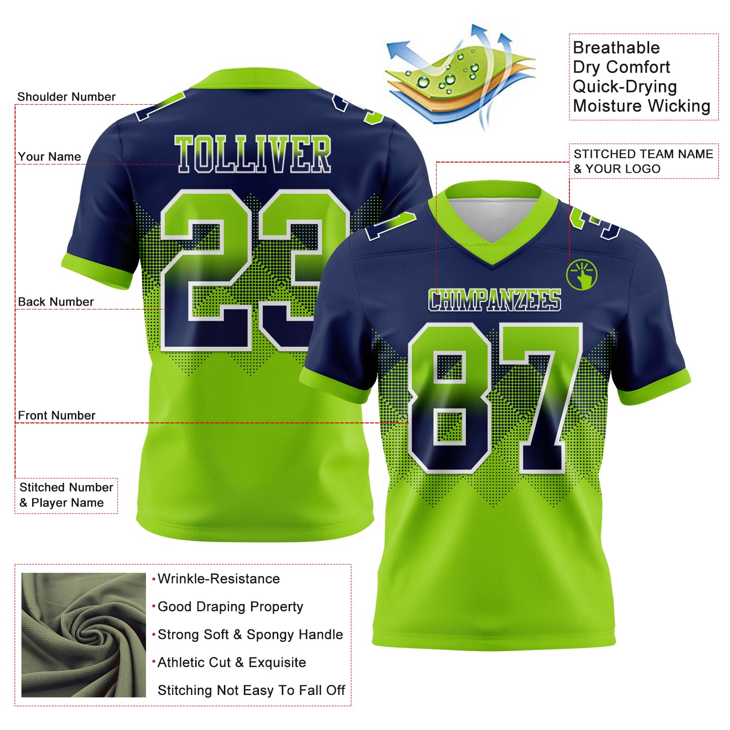 Custom Navy Neon Green-White Authentic Gradient Square Shape Flag Football Jersey