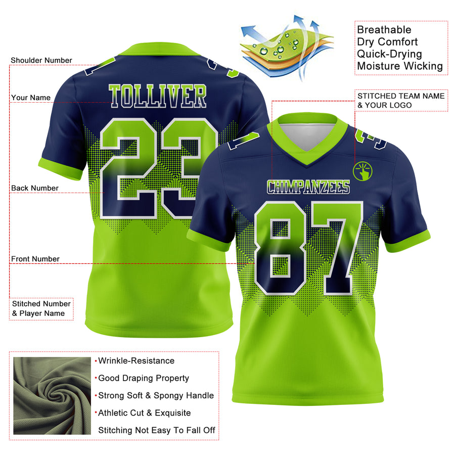 Custom Navy Neon Green-White Authentic Gradient Square Shape Flag Football Jersey