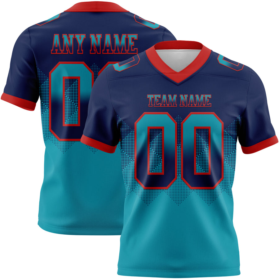 Custom Navy Teal-Red Authentic Gradient Square Shape Flag Football Jersey
