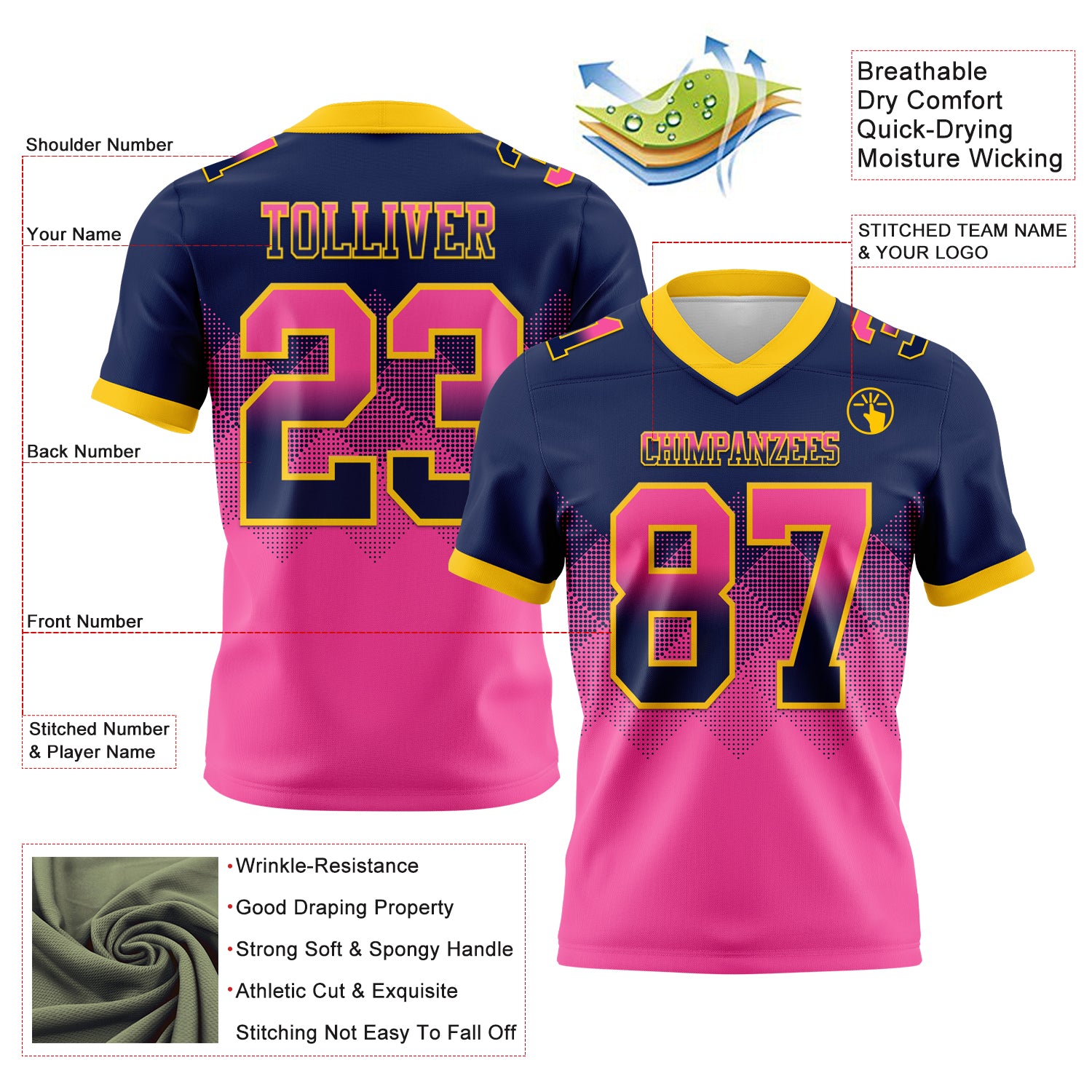 Custom Navy Pink-Yellow Authentic Gradient Square Shape Flag Football Jersey
