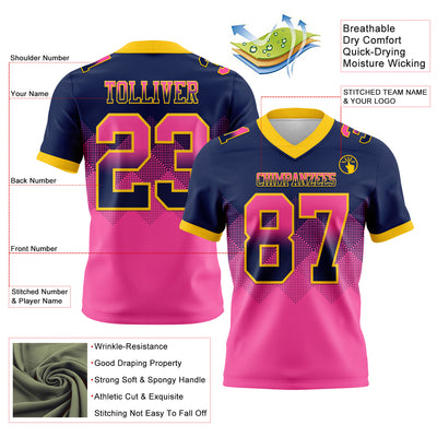 Custom Navy Pink-Yellow Authentic Gradient Square Shape Flag Football Jersey