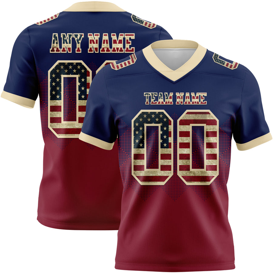 Custom Navy Vintage USA Flag Crimson-Cream Authentic Gradient Square Shape Flag Football Jersey