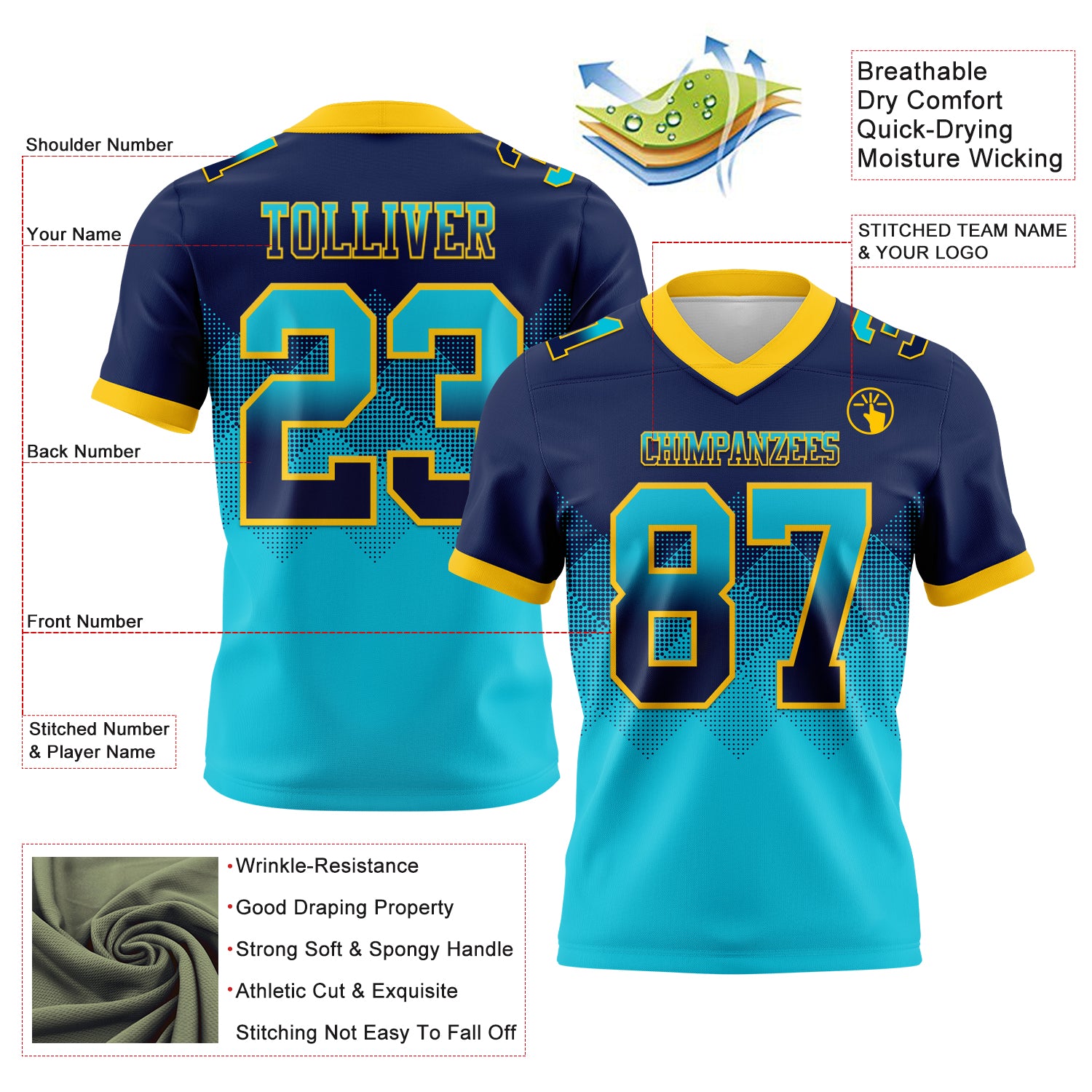 Custom Navy Lakes Blue-Yellow Authentic Gradient Square Shape Flag Football Jersey