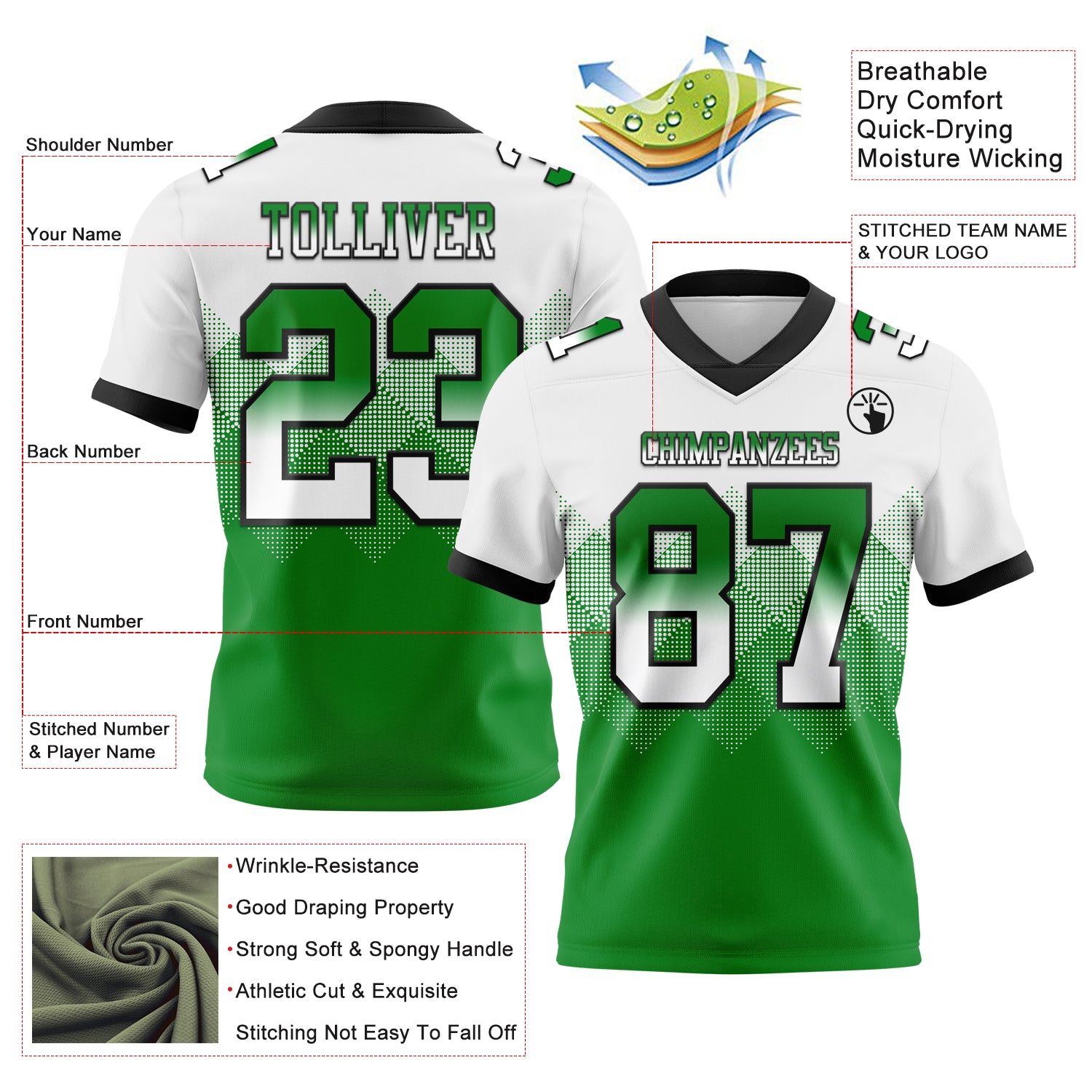 Custom White Grass Green-Black Authentic Gradient Square Shape Flag Football Jersey